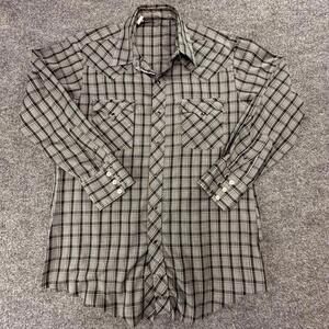 Vintage Mens Plaid Western Pearl Snap Shirt Grey Tan Raw Hem 16.5 x 33 XL‎ #579
